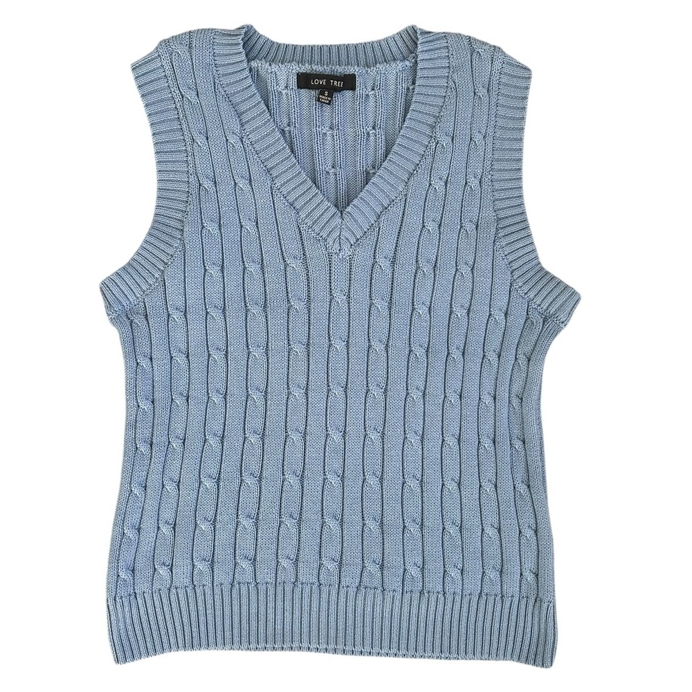 Love Tree Pastel Blue Cable-Knit V-Neck Sweater Vest